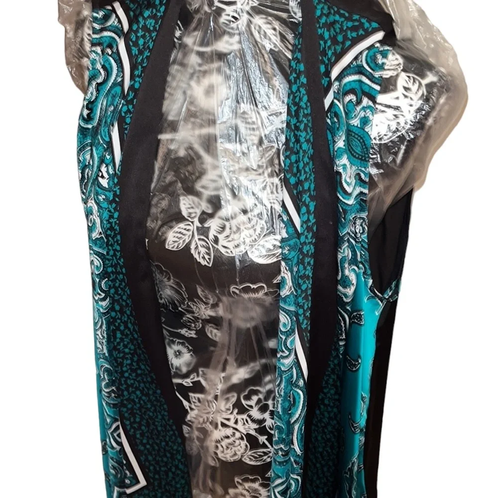 Michael Kors black & teal silk vest paisley print waterfall front size LG-XL